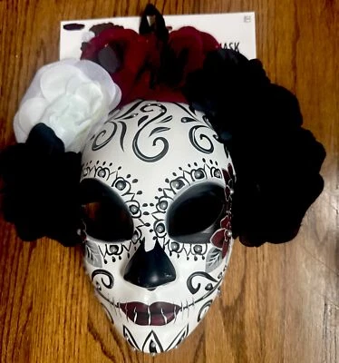 Day of the Dead~Dia de los Muertos~Full Face Masquerade Mask with Silk Flowers - Image 1 of 4