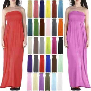 WOMENS LADIES PLAIN SHEERING GATHER BOOBTUBE STRAPLESS BANDEAU LONG MAXI DRESS - Picture 1 of 24