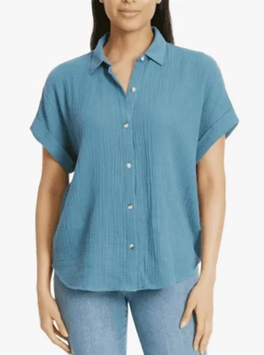 NUEVA Camisa Jessica Simpson Gasa Para Mujer M Azul Abotonada Manga Corta Foto 1 de 4