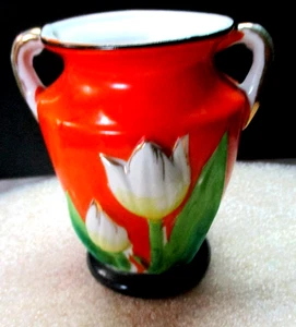 Porcelain Japanese Vase With Raised Tulips Two Handles orange with gold trim 4” - Picture 1 of 6