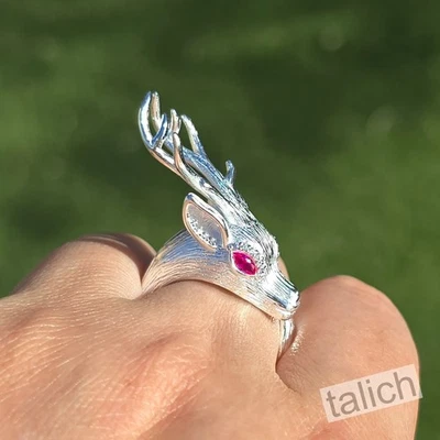 Anillo envolvente de plata esterlina rosa ojos circonita grande con cuerno cabeza de ciervo ajustable único Foto 1 de 4