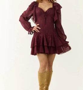 Baby rosa weinrot Herzausschnitt Langarm Minikleid Damen S Rüschen Sommerkleid - Bild 1 von 11