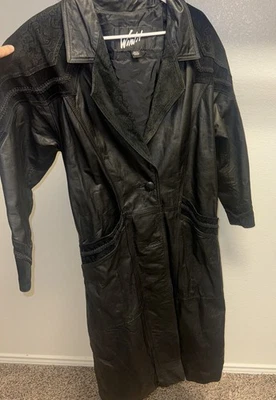 Winlit Women’s Black Leather Trench Coat M Vintage Long Jacket Paisley Suede  - Image 1 of 4