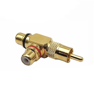 5 SZTUK Pozłacany trójdrożny audio RCA 1 męski na 2 żeński lotos adapter kątowy prosty - Zdjęcie 1 z 5