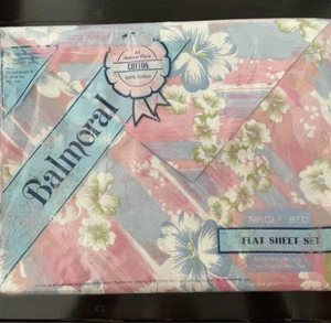 Vintage 70s Balmoral Flat Sheet Set Pink Blue Floral New Cotton Australian made - Picture 1 of 6