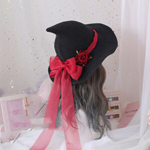 Lolita Halloween Retro Witch Hat Masquerade Rose Big Bow Wizard Hat Gothic Magic