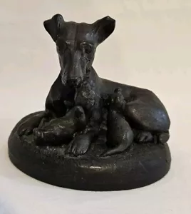 A Vintage Bronzed Sculpture of a Terrier Dog & Pups, Signed Blormond - Picture 1 of 9