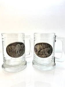 Lot Of 2- Matching Glass Beer Mugs Heritage Stein Pewter Wolf Pack & Bears 24oz - Picture 1 of 3