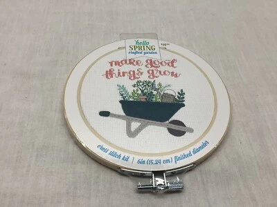 Crafted Garden Cross Stitch Kit Wheel Barrel W/ Plants Pots & Tools 6” Diameter - Image 1 of 2