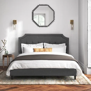 Upholstered Bed Frame Queen Size Button Tufted Platform w/Adjustable Headboard - Picture 1 of 38