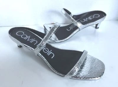 Calvin Klein Domenica Silver Kitten Heel Open Toe Strap Slide Sandals 6.5, 7 - Image 1 of 4