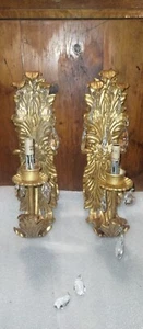 Hollywood Regency Gold Gilt Wall Sconces w/ Crystals – Ornate Electric Pair - Picture 1 of 11
