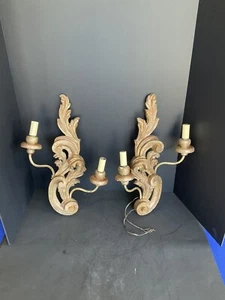 VINTAGE PAIR OF DOUBLE ARM HAND CARVED WOOD Gesso SCONCES - Picture 1 of 13
