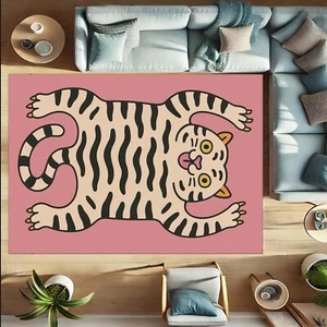 Lustiger Katzenteppich, rosa Tigerteppich, niedliche Tierdeko, schrullige Katzenkunst, verspieltes Set - Bild 1 von 12