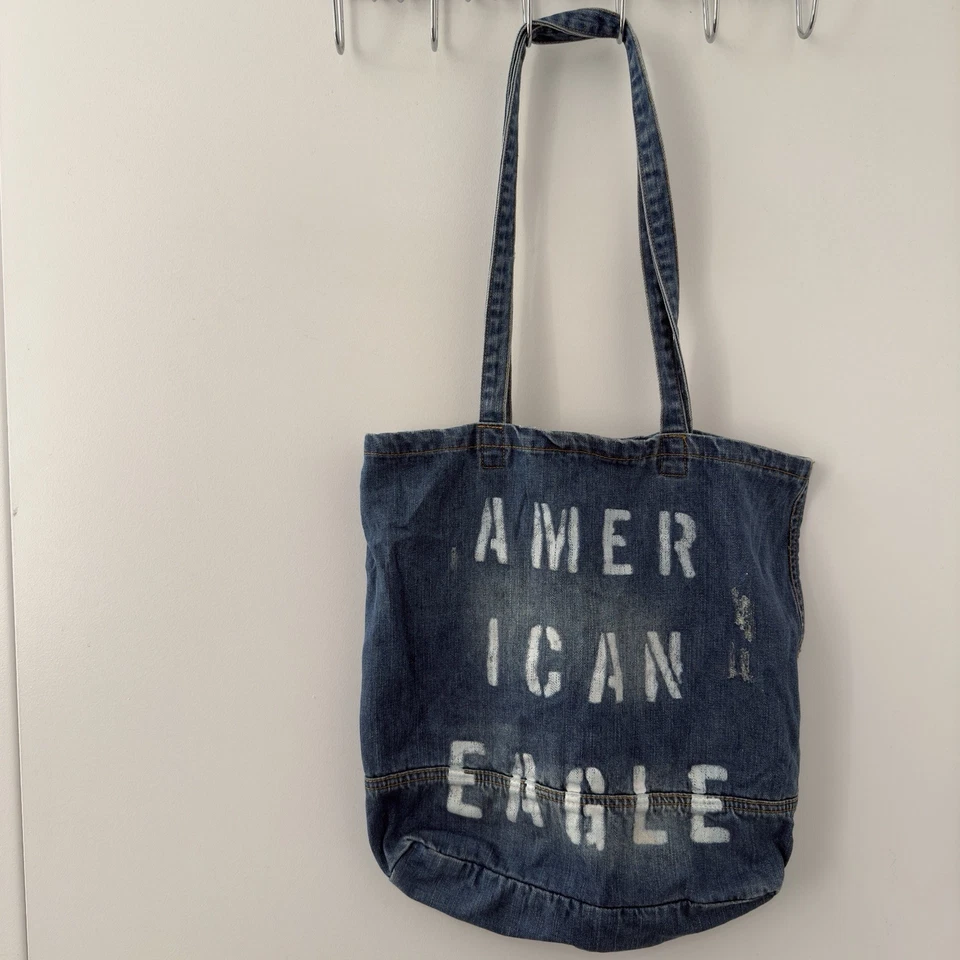 American Eagle AE Denim Distressed Tote Bag Logo Worn-In Look 100% Cotton Pocket - Image 1 of 4