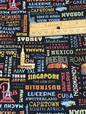 Riley Blake黑色棉世界国家地标旅游目的地织物 — 第 1/4 张图片