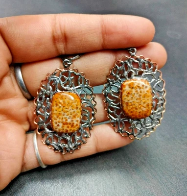 Orecchini pendenti in argento sterling 925 diaspro in legno di palma... - Immagine 1 di 4