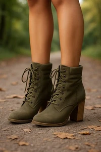 Catherine Malandrino Olive Lace-Up Block Heel Boots 8.5M Zip Ankle Combat - Picture 1 of 6