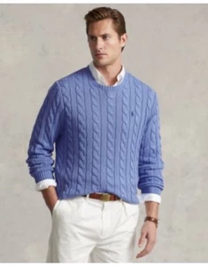 Polo Ralph Lauren Sweater Blue Cable Knit Crewneck Pullover Classic Men’s Sz L - Picture 1 of 6