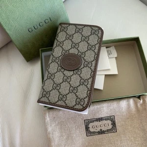 NEW GUCCI GG PRINT BROWN IPHONE CASE 15 With Wallet GG Print 100% Authentic - Photo 1 sur 6