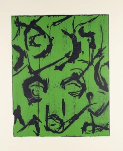 H. MODERSOHN (*1948), Abstrakte Gesichter auf Grün, 1995, Farbholzschnitt - Picture 1 of 5