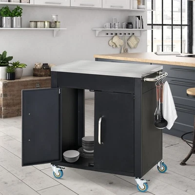 HOMCOM Kitchen Trolley with Wheels Serving Trolley Kitchen Cabinet Stainless Steel Black - Image 1 of 4