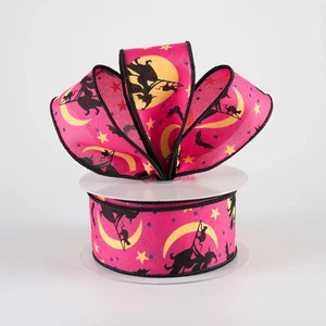 Witch Flying by Moon Hot Pink Ribbon 1.5" x 10 Yards - Picture 1 of 2