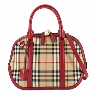 BURBERRY Plaid 2way Hand Shoulder Bag Canvas Leather Beige Red Purse 90289078 - Picture 1 of 10
