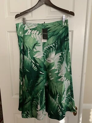 NEW Ralph Lauren Resort Collection Midi Skirt: Pull-On,Green & White Leaves 12 P - image 1 of 4