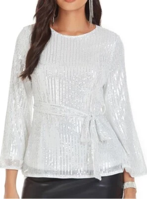 Silver V Neck Sequin Glitter Top XL Grace KARIN  - Image 1 of 4