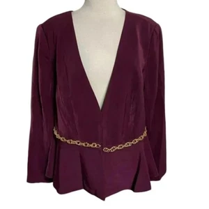 Midnight Velvet 16W blazer burgundy V-neck peplum dress jacket gold belt NEW - Picture 1 of 6