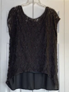 Apt. 9 Tunic Blouse Floral Lace Front Sheer High Low Hem Short Sleeve Sz Large - Picture 1 of 4