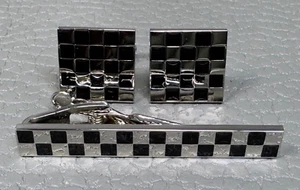 Contemporary Black Enamel Checker Board Silver Tone Cuff Links with Tie Clasp - Picture 1 of 6