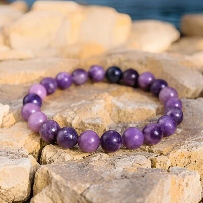 Pulsera elástica de lepidolita de 8 mm con cuentas de piedras preciosas púrpura natural curación mujer hombre Foto 1 de 4
