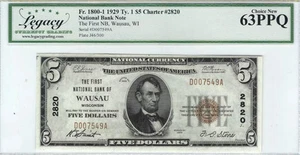 1929 $5 Sm Size National Bank Note First National Bank Wausau, WI Legacy 63 - Bild 1 von 2