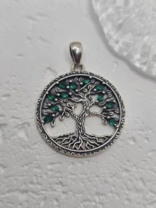 Tree of Life Green CZ Pendant 925 Sterling Silver Boho Family Roots Amulet - Picture 1 of 3