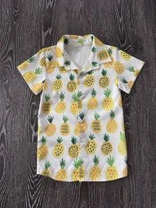 Boy Short Sleeve Button Down Collared Yellow Pineapple Dress Shirts 6/7 120cm - Picture 1 of 2