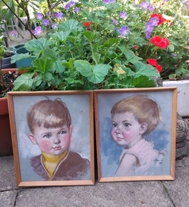 Vintage Retro Beautiful Pair Pastel Portrait Drawings Of A Young Children - Picture 1 of 16