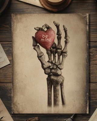 Vintage Victorian Skeleton Hand Be Mine Heart Valentine Card Gothic Macabre - Image 1 of 4