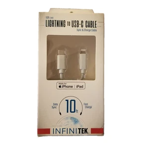 Infinitek 10 ft (3M) Lightning to USB-C Cable, MFi-Certified, White iPhone, iPad - Picture 1 of 3
