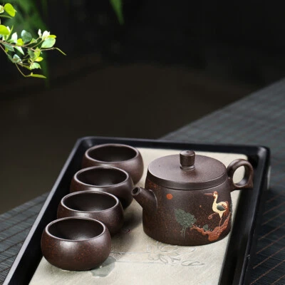 Tetera y 4 tazas grúa alivio Yixing Zisha marcado tetera maestro juego de tazas de té Foto 1 de 4