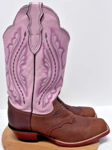 Womens Justin Western Leather Boots Punchy Pink Brown Square Toe L2667 Size 8 B - Picture 1 of 12