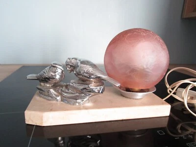 LAMPE ART DECO OISEAUX CHROMES VERRE CRISPE ROSE """" - Photo 1/4