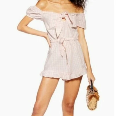 Mameluco Topshop NUEVO CON ETIQUETAS Talla 4 Guinga Fuera del Hombro Rosa Blanco Cuadros $55 Foto 1 de 4