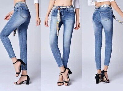 Jeans Donna Vita Alta Push Up Denim Elasticizzato Skinny Slavato Chiaro Sexy • 33.50€
