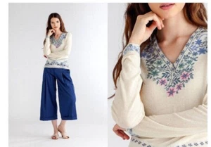 IVKO feiner Strick-Pullover V-Ausschnitt Intarsien Muster beige creme 81541 - Picture 1 of 5