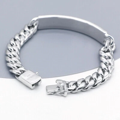 925 Sterling Silver Miami Cuban Id Bracelet 10MM Cuban Link Chain Bar Bracelet - Image 1 of 4