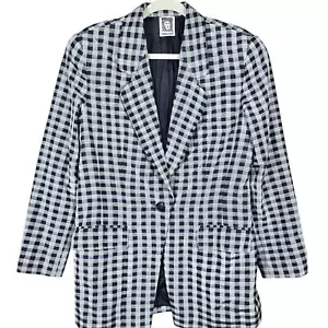 Vintage Anne Klein Blazer Damen 10 Seidenmischung schwarz weiß kariert Einreiher - Bild 1 von 12