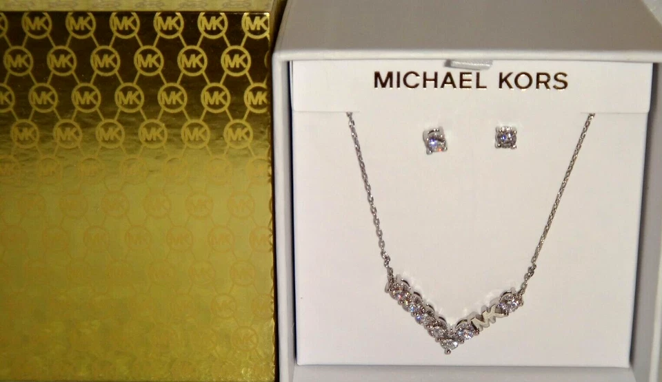 Michael Kors Silver Tone Logo Crystal Necklace Stud Earrings Set Mkj7456040
