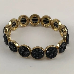 Bracelet Black Gold Tone Elastic Simulated Drusy Quartz - Picture 1 of 2